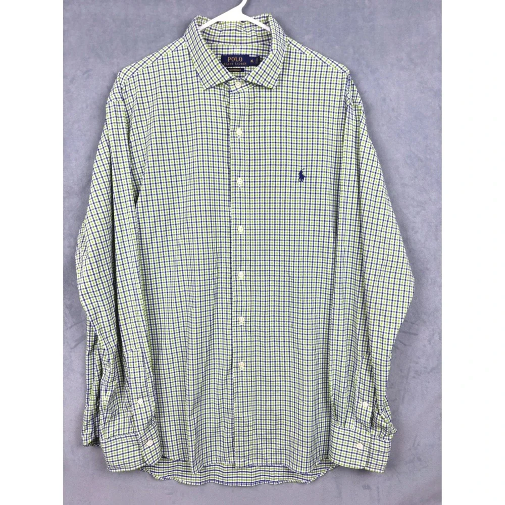 Polo Ralph Lauren Performance Shirt Mens XL Green Blue Gingham Stretch Nylon